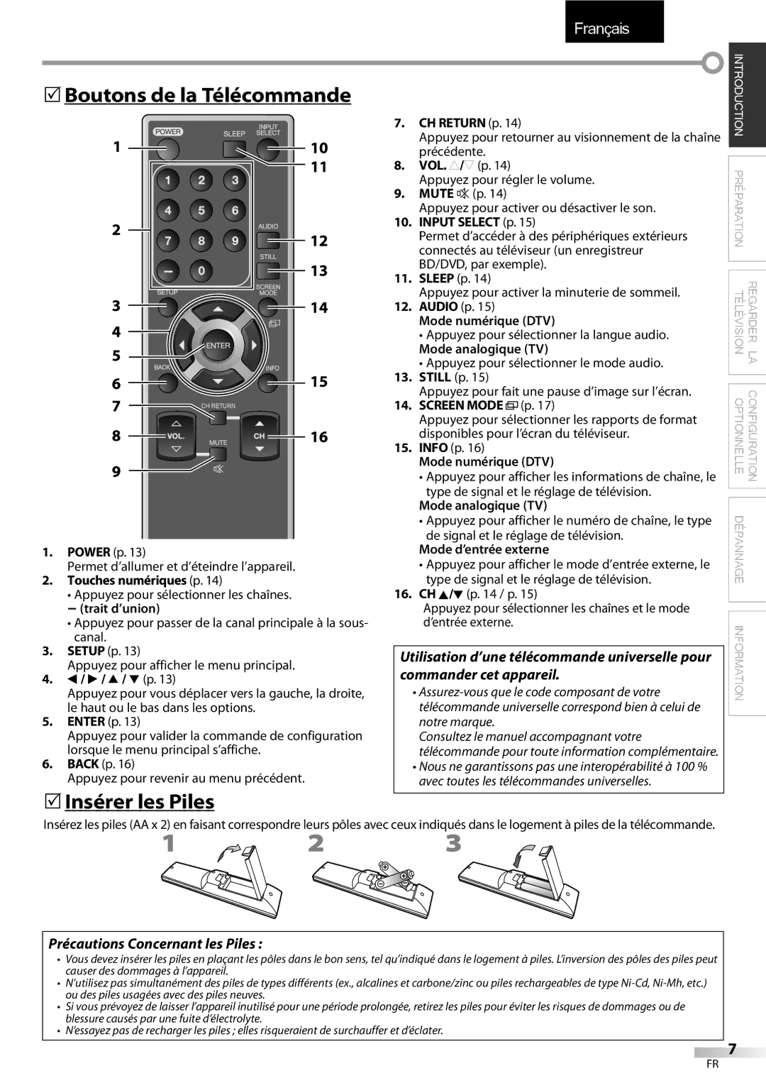 Sylvania LC195SSX, LC225SSX owner manual 5Boutons de la Télécommande, 5Insérer les Piles, Précautions Concernant les Piles 