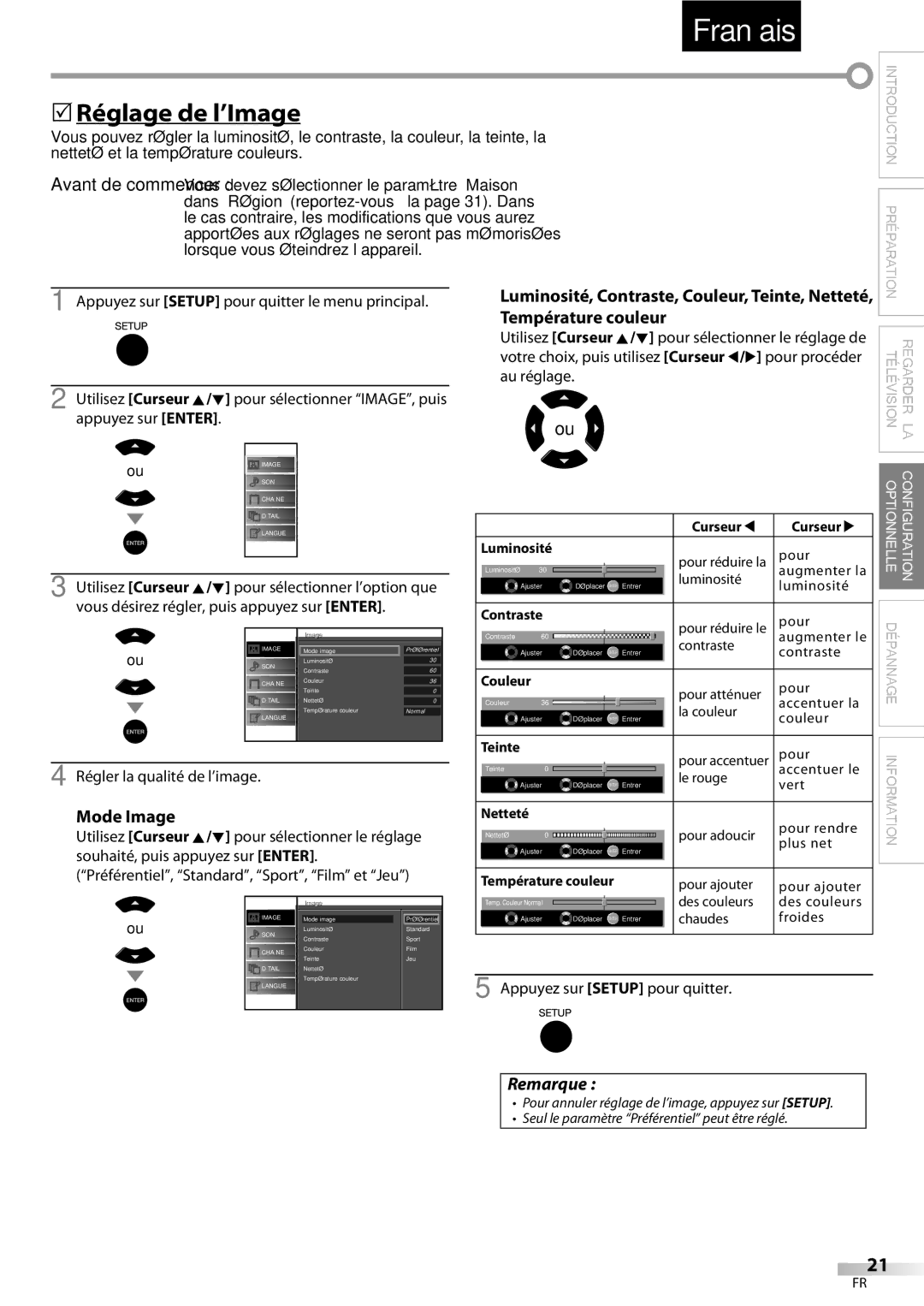 Sylvania LC195SSX, LC225SSX owner manual 5Réglage de l’Image, Mode Image, Régler la qualité de l’image, Température couleur 