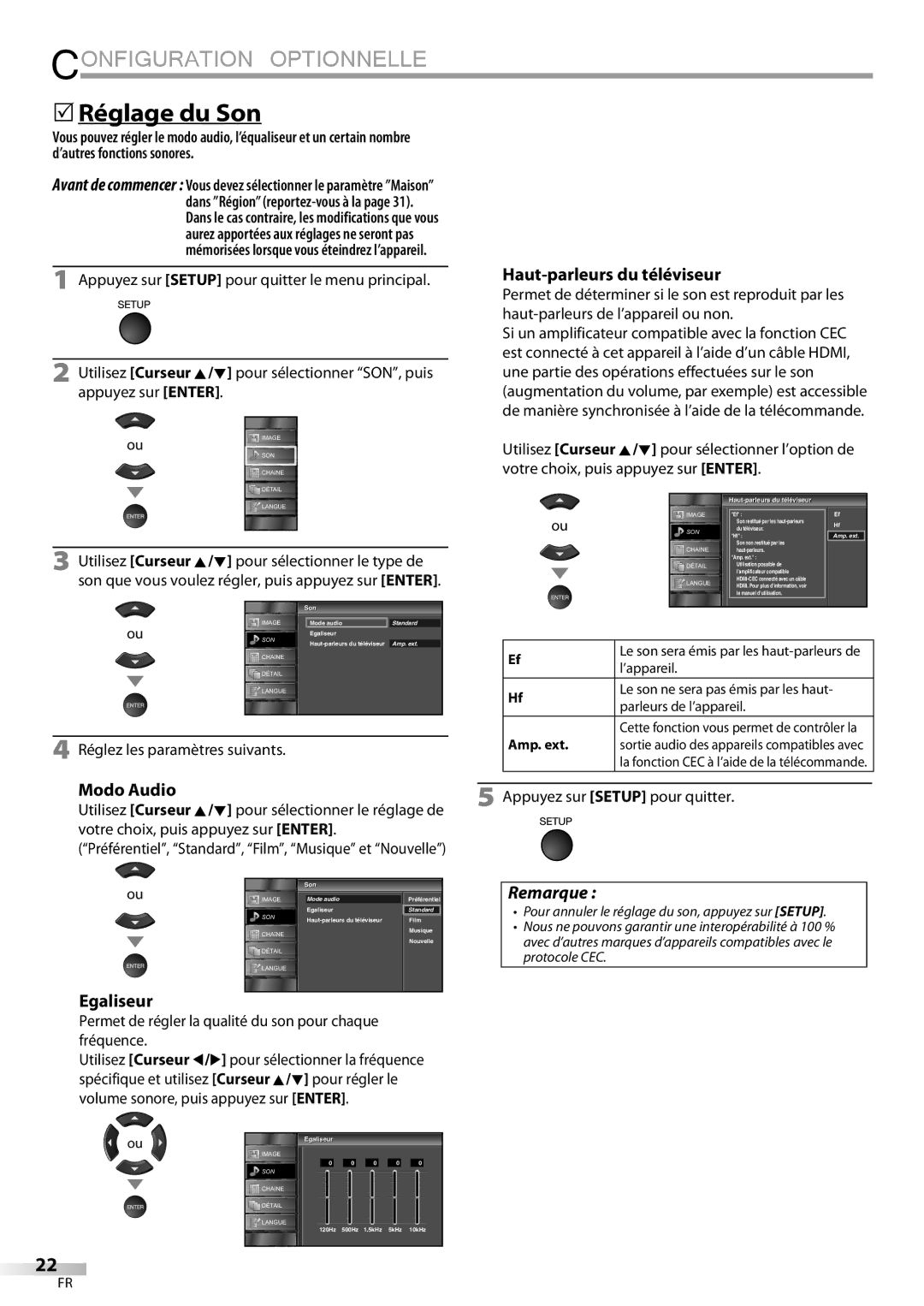 Sylvania LC225SSX, LC195SSX owner manual 5Réglage du Son, Haut-parleurs du téléviseur, Modo Audio, Egaliseur 