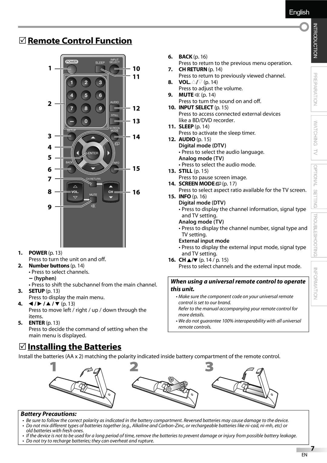 Sylvania LC195SSX, LC225SSX 5Remote Control Function, 5Installing the Batteries, Battery Precautions, Screen Mode 