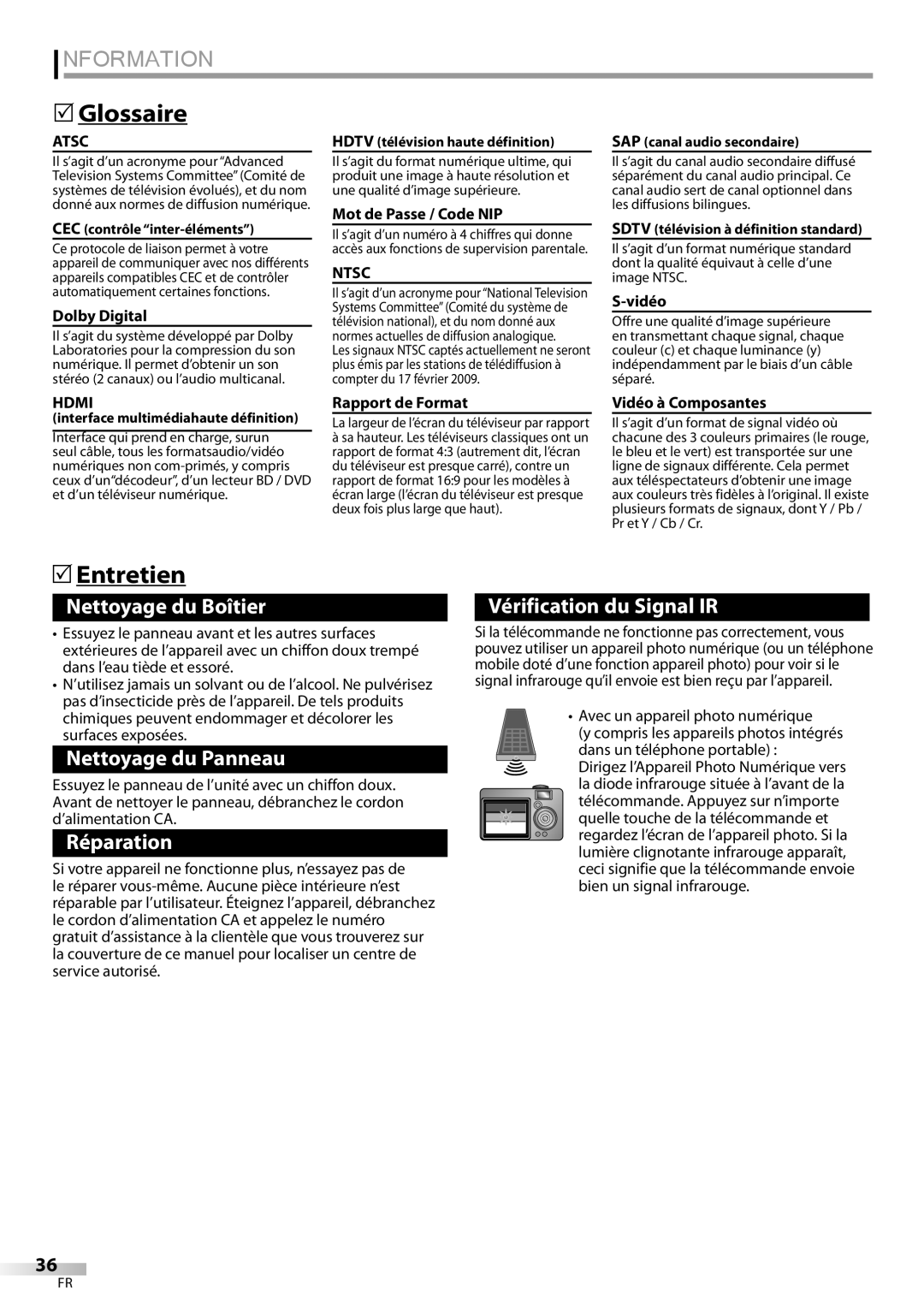 Sylvania LC225SSX, LC195SSX owner manual Glossaire, Entretien 