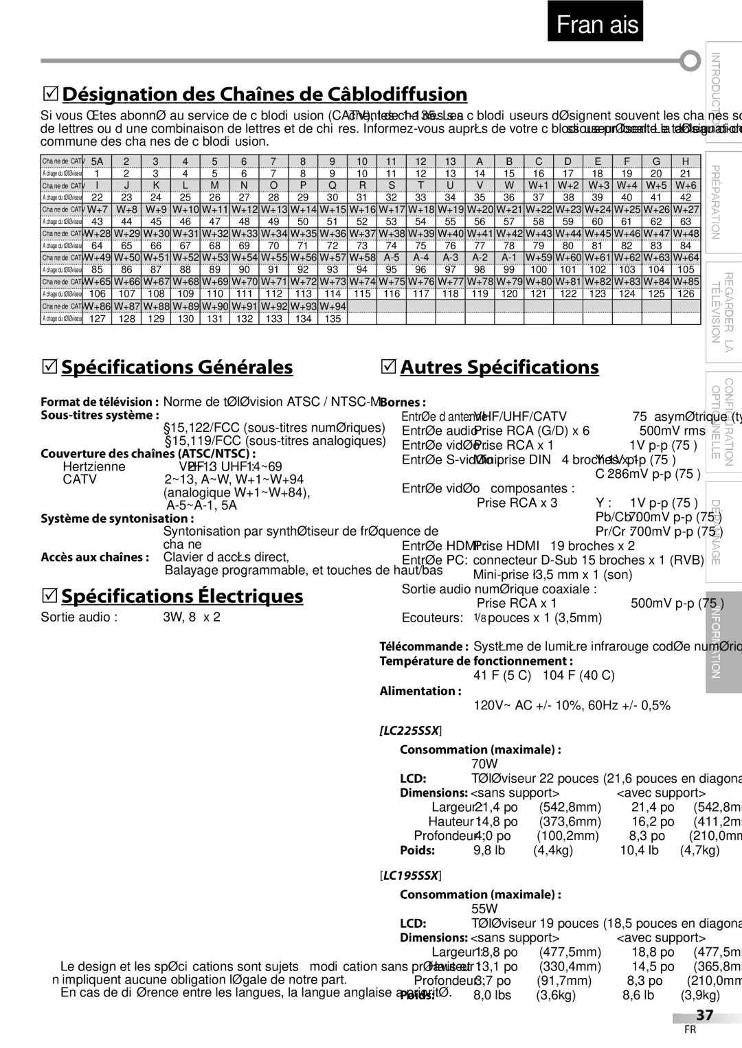 Sylvania LC195SSX 5Désignation des Chaînes de Câblodiffusion, 5Spécifications Générales, 5Spécifications Électriques, Lcd 