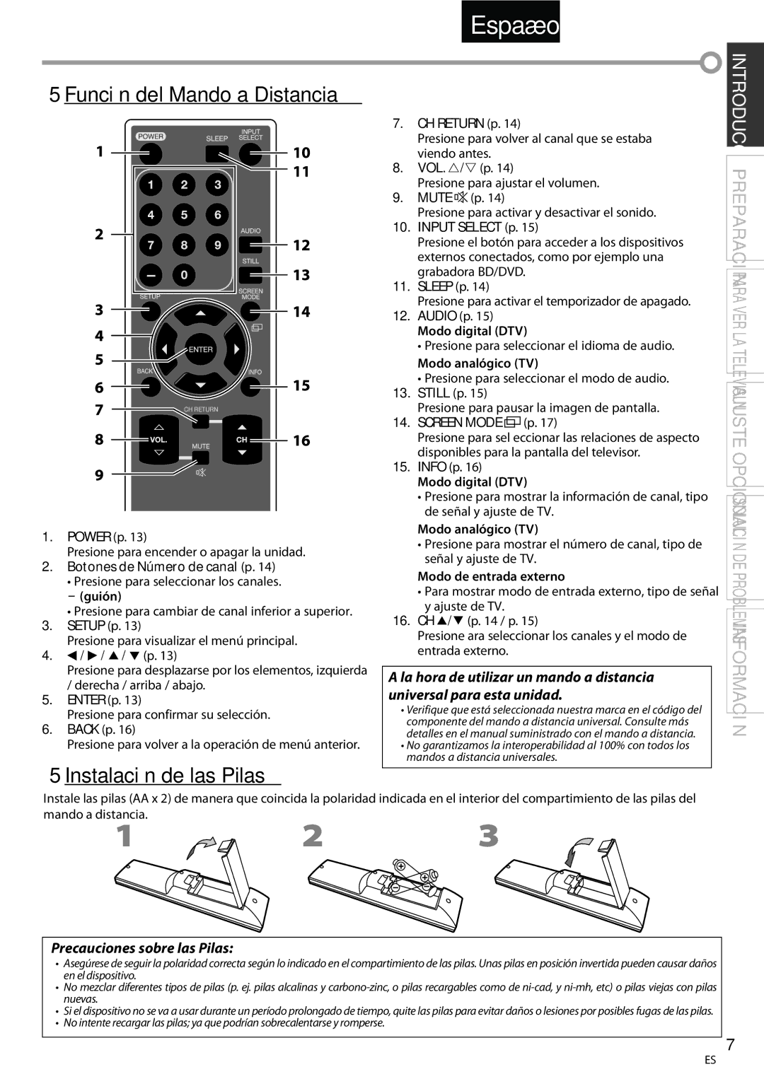 Sylvania LC195SSX, LC225SSX 5Función del Mando a Distancia, 5Instalación de las Pilas, Precauciones sobre las Pilas 