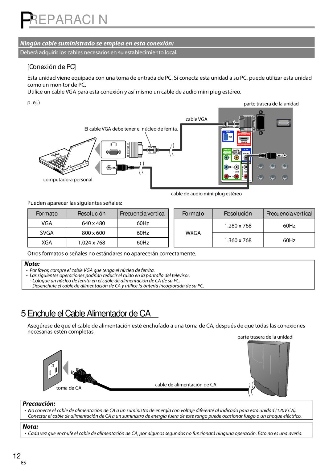 Sylvania LC225SSX 5EnchufeelCableAlimentadordeCA, Conexión de PC, Precaución, Pueden aparecer las siguientes señales 