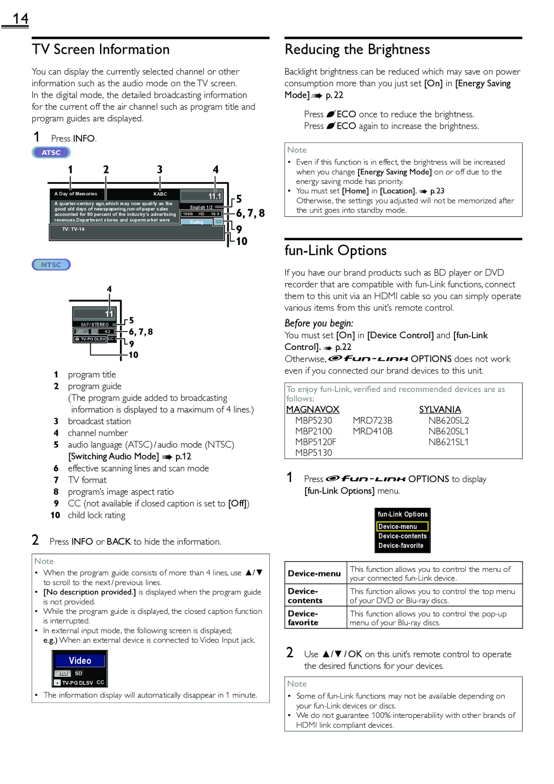 Sylvania LC260552 owner manual TV Screen Information, Reducing the Brightness, Fun-Link Options 