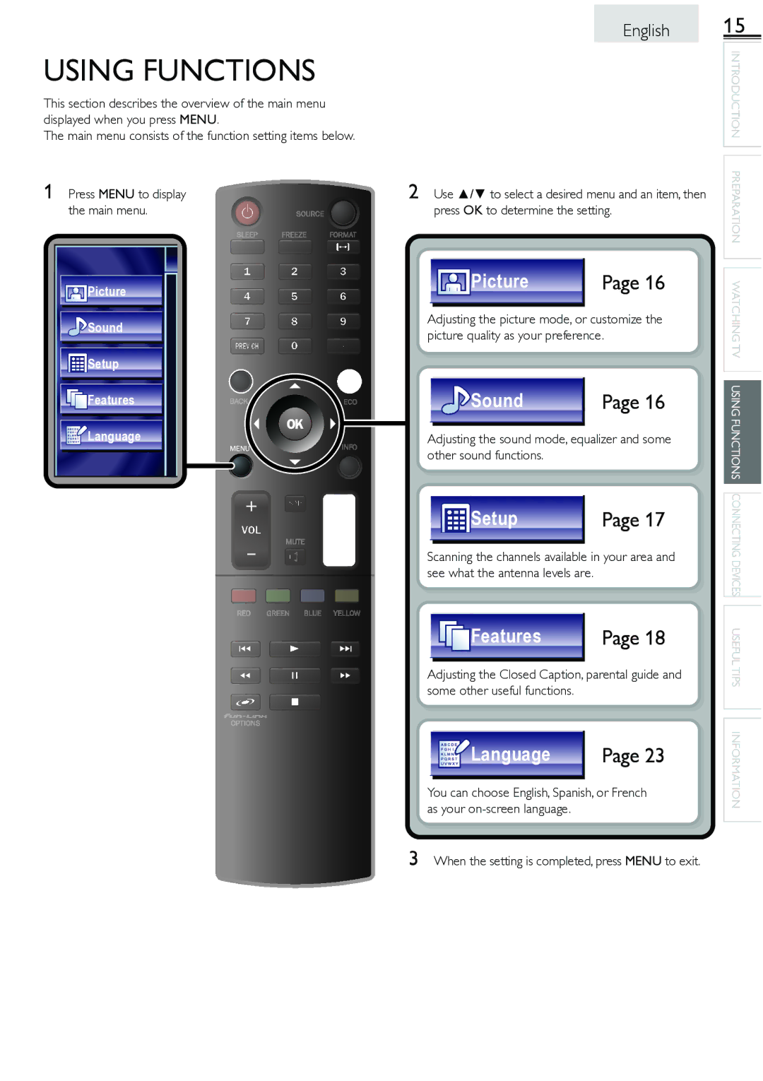 Sylvania LC260552 owner manual Using Functions, Main menu consists of the function setting items below 