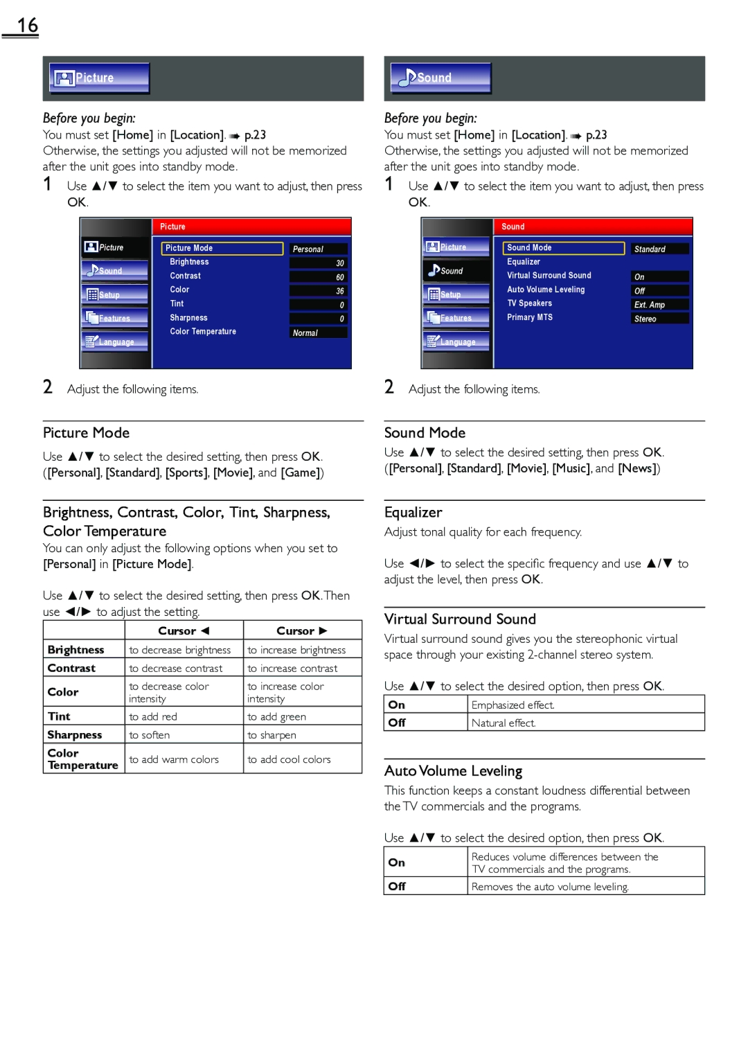 Sylvania LC260552 owner manual Picture Mode, Sound Mode, Equalizer, Virtual Surround Sound, Auto Volume Leveling 