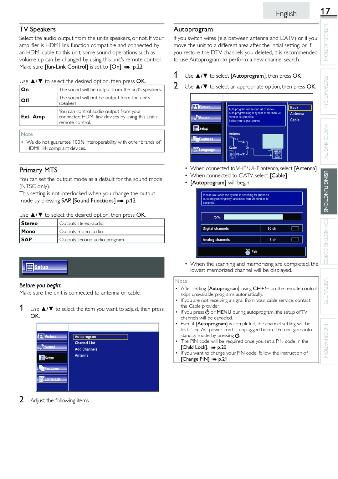 Sylvania LC260552 owner manual TV Speakers, Primary MTS, Use / to select Autoprogram, then press OK 