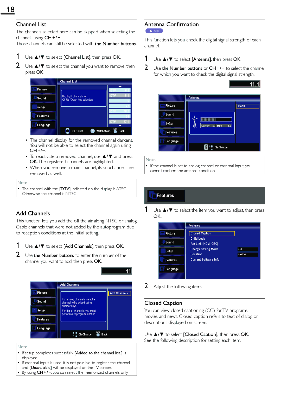 Sylvania LC260552 owner manual Channel List, Antenna Conﬁrmation, Add Channels, Closed Caption 