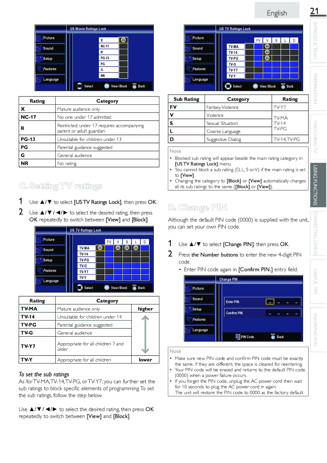 Sylvania LC260552 owner manual NC-17, Mature audience only, TV-14, General audience, Older, Sub Rating Category 