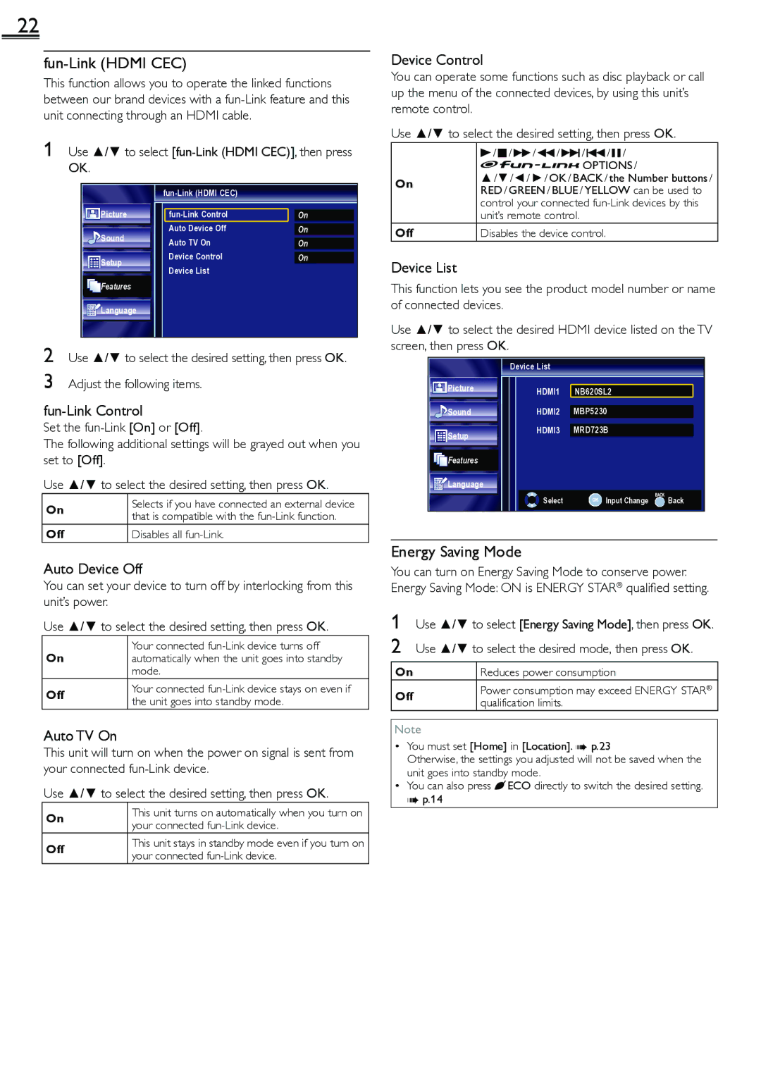 Sylvania LC260552 owner manual Fun-Link Hdmi CEC, Energy Saving Mode 