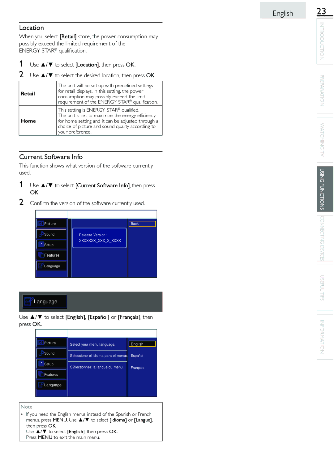 Sylvania LC260552 Location, Current Software Info, Use / to select English, Español or Français, then press OK, Retail 