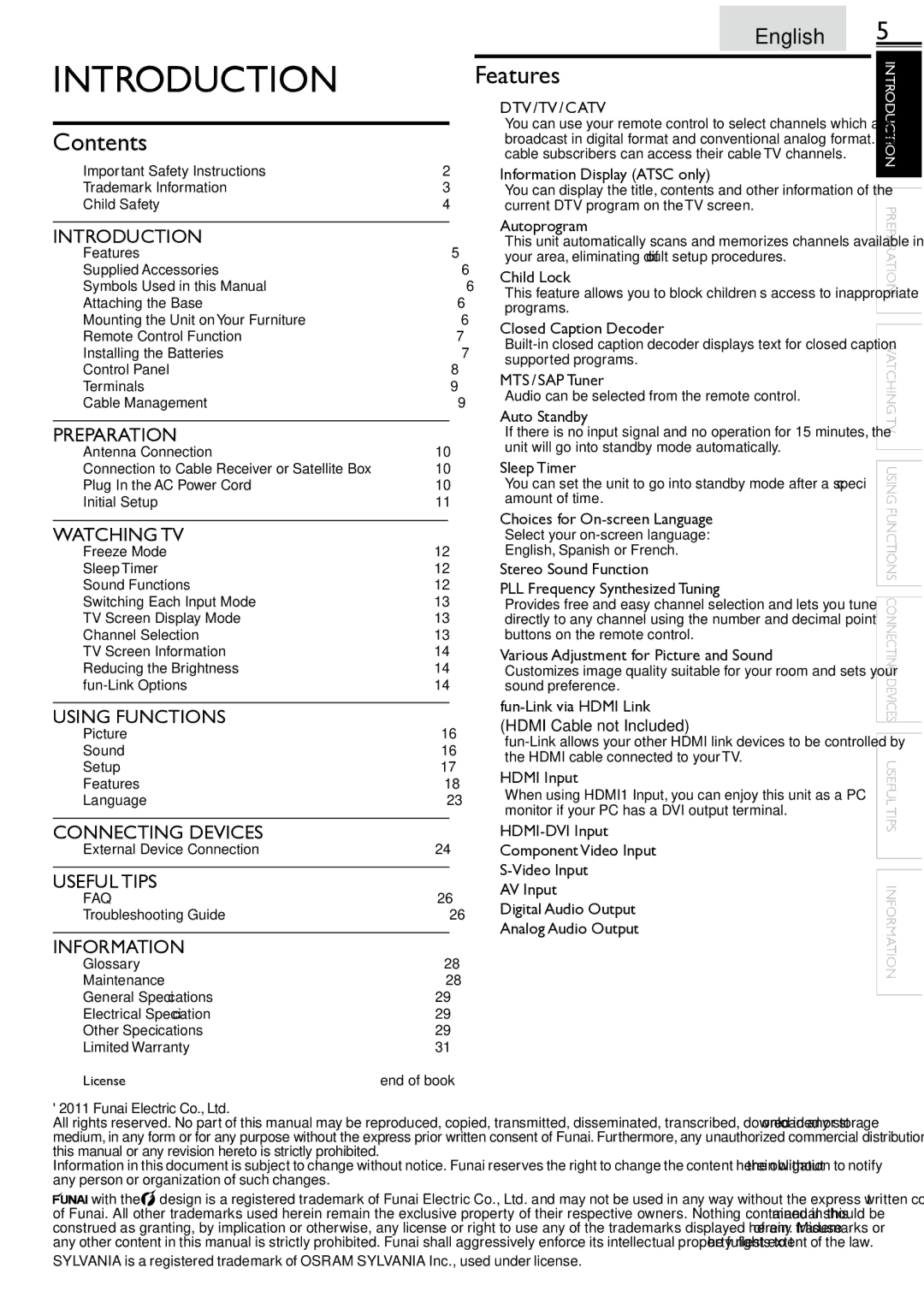 Sylvania LC260552 owner manual Introduction, Contents, Features 