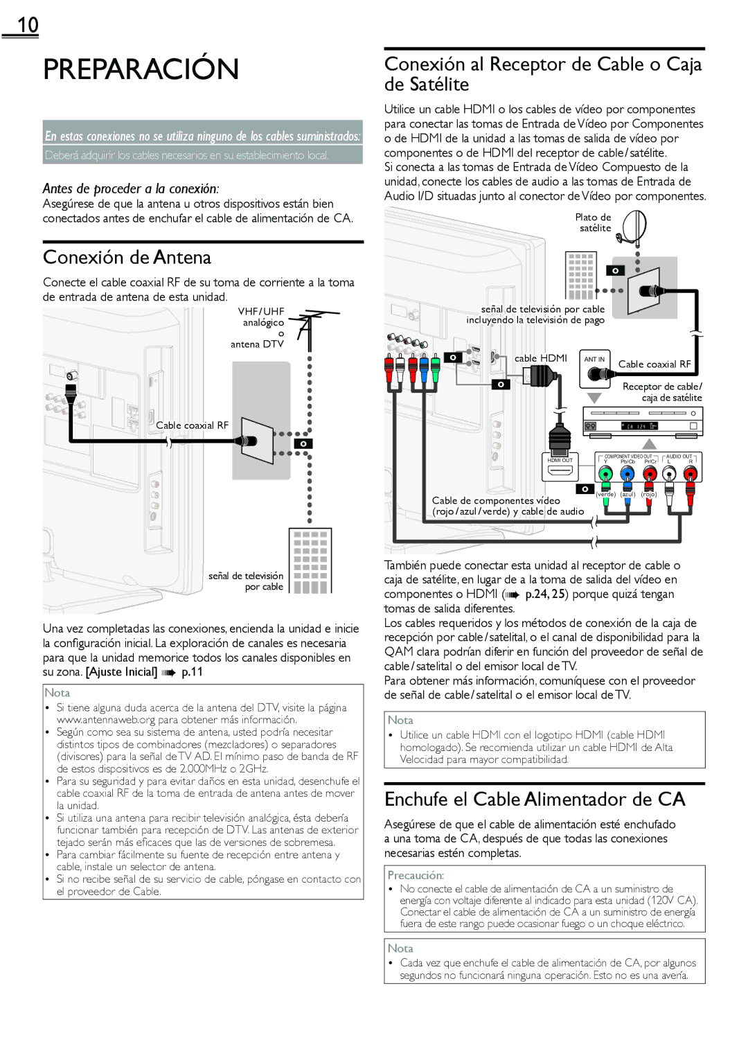 Sylvania LC260SS2 owner manual Preparación, De Satélite, Conexión de Antena, Enchufe el Cable Alimentador de CA 