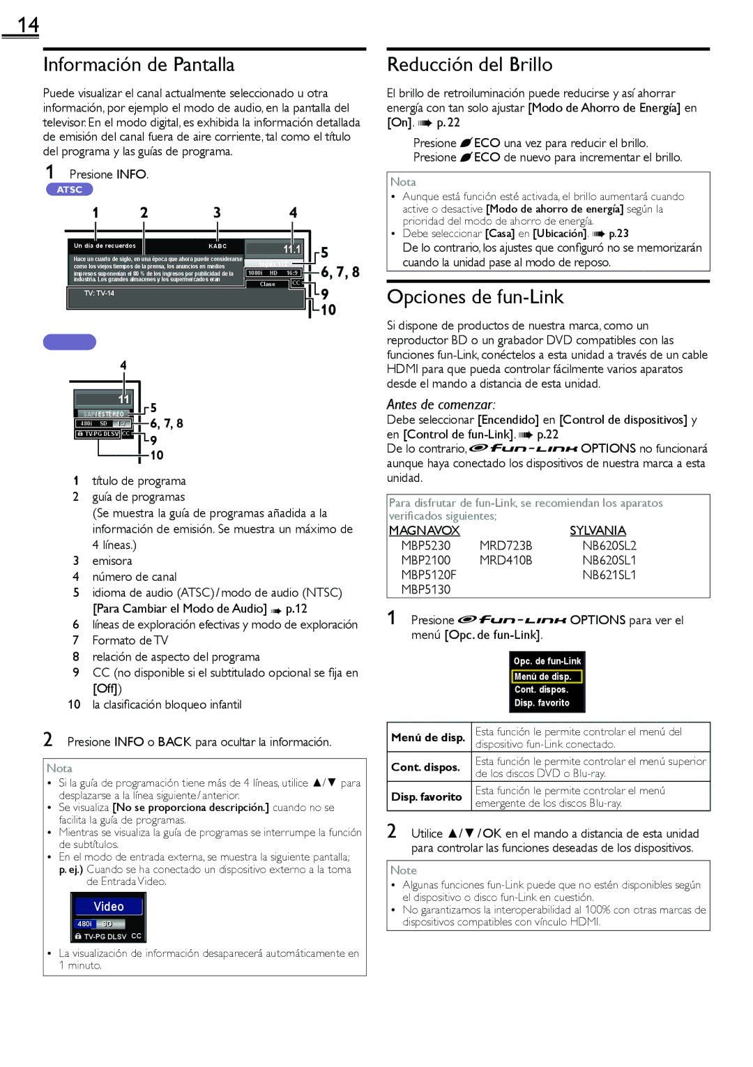 Sylvania LC260SS2 owner manual Información de Pantalla, Reducción del Brillo, Opciones de fun-Link 