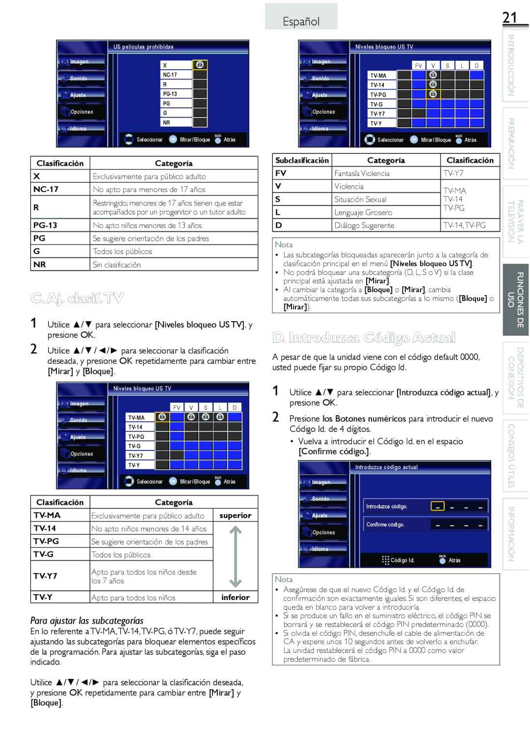 Sylvania LC260SS2 owner manual Código Id. de 4 dígitos, Vuelva a introducir el Código Id. en el espacio, Confirme código 