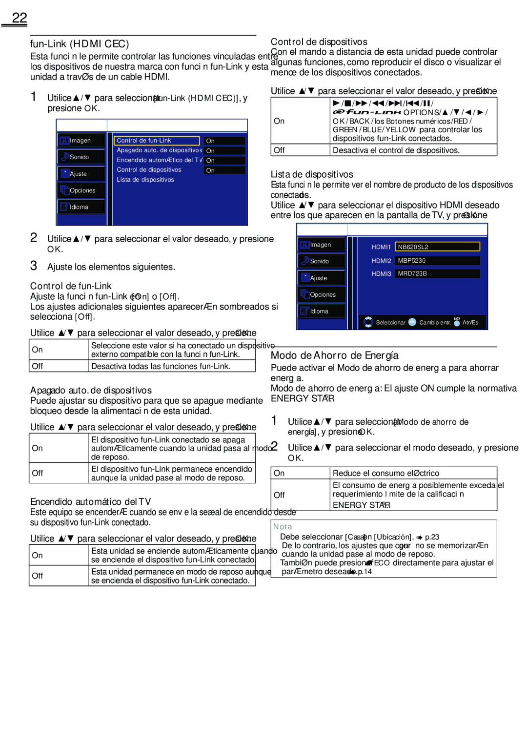 Sylvania LC260SS2 owner manual Fun-Link Hdmi CEC, Modo de Ahorro de Energía 