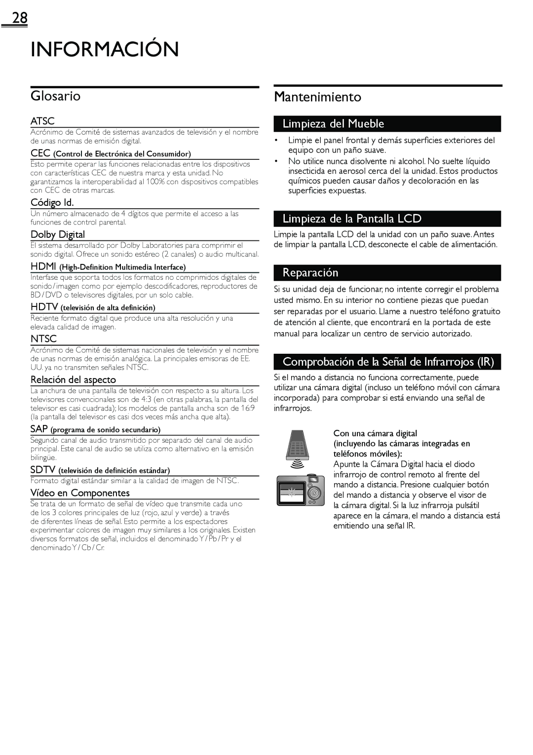 Sylvania LC260SS2 owner manual Información, Glosario, Mantenimiento, Atsc, Ntsc 