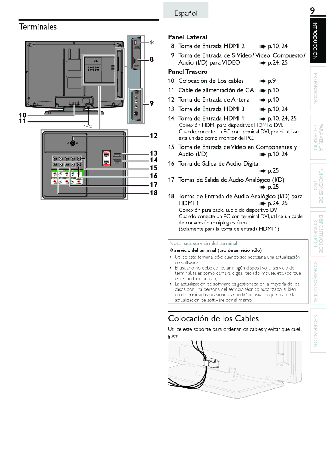 Sylvania LC260SS2 owner manual Terminales, Colocación de los Cables, Toma de Entrada Hdmi, Audio I/D para Video 