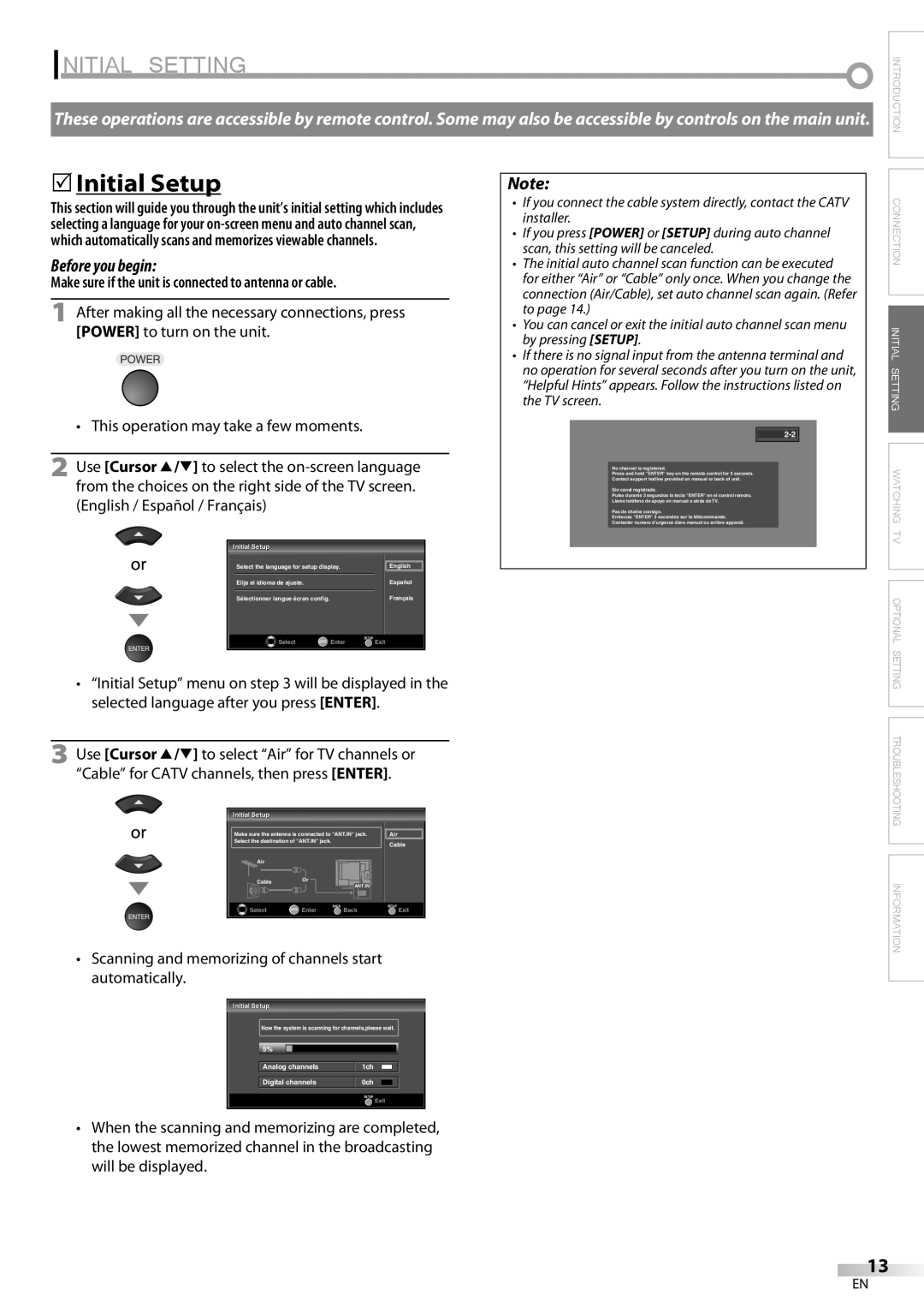 Sylvania LC260SS8 owner manual Initial Setting, Initial Setup, Make sure if the unit is connected to antenna or cable 