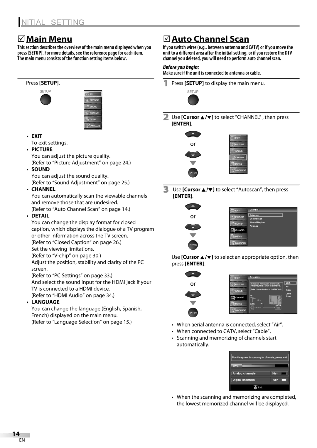 Sylvania LC260SS8 owner manual Main Menu, Auto Channel Scan 