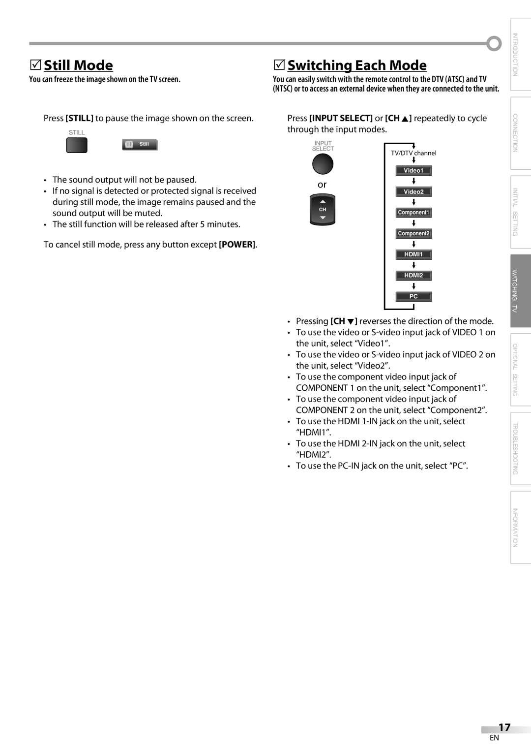 Sylvania LC260SS8 owner manual Still Mode, Switching Each Mode, You can freeze the image shown on the TV screen 