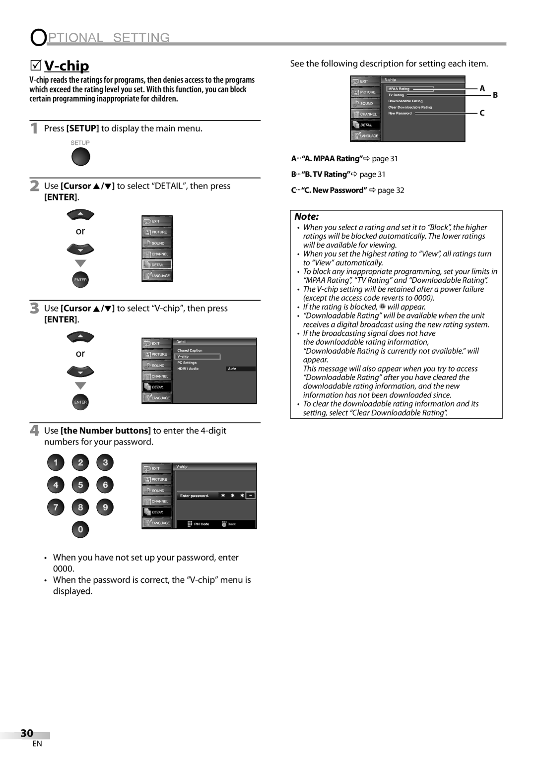 Sylvania LC260SS8 Chip, See the following description for setting each item, Use Cursor K/L to select V-chip, then press 