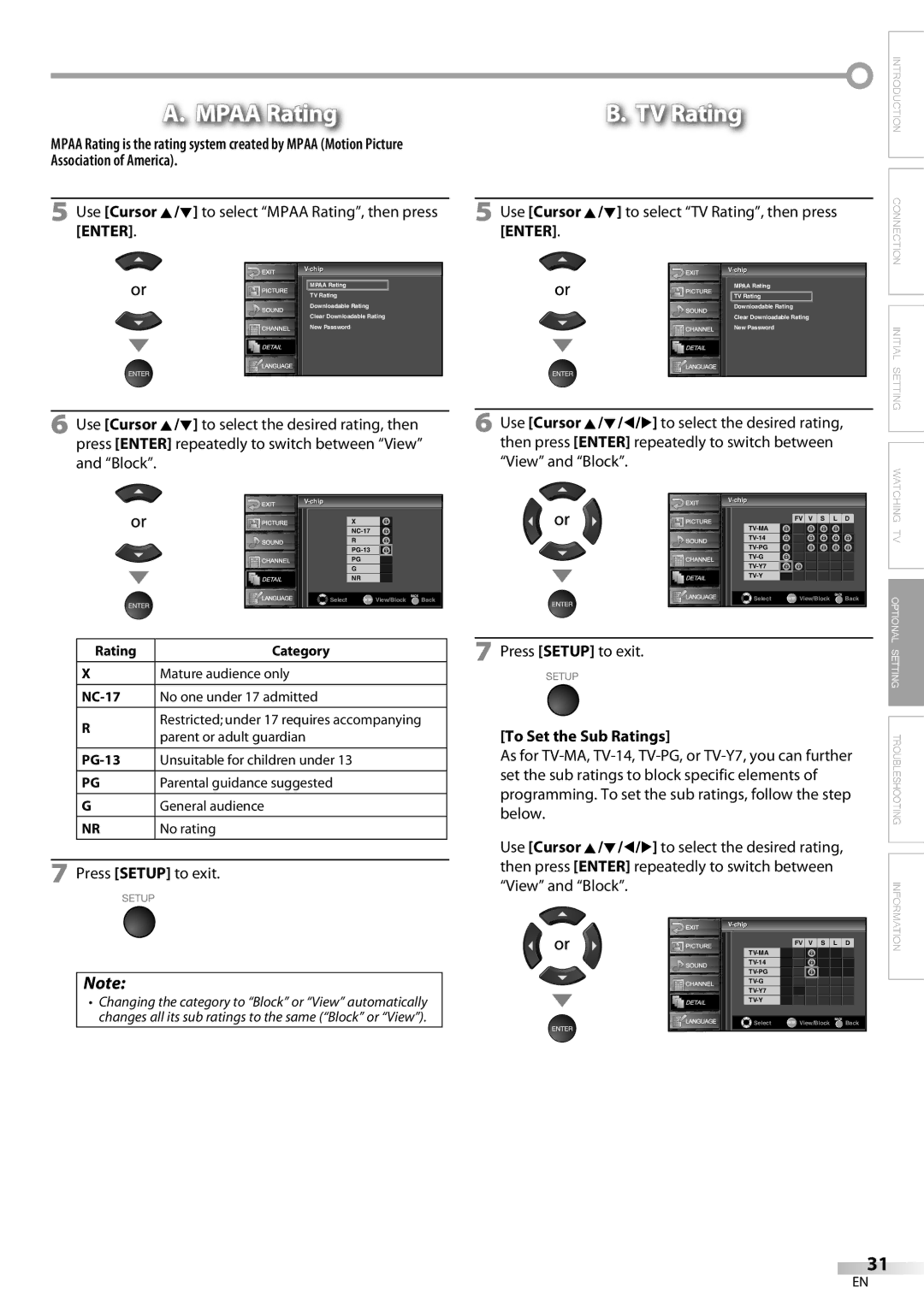 Sylvania LC260SS8 Association of America, Use Cursor K/L to select TV Rating, then press, To Set the Sub Ratings, Chipip 