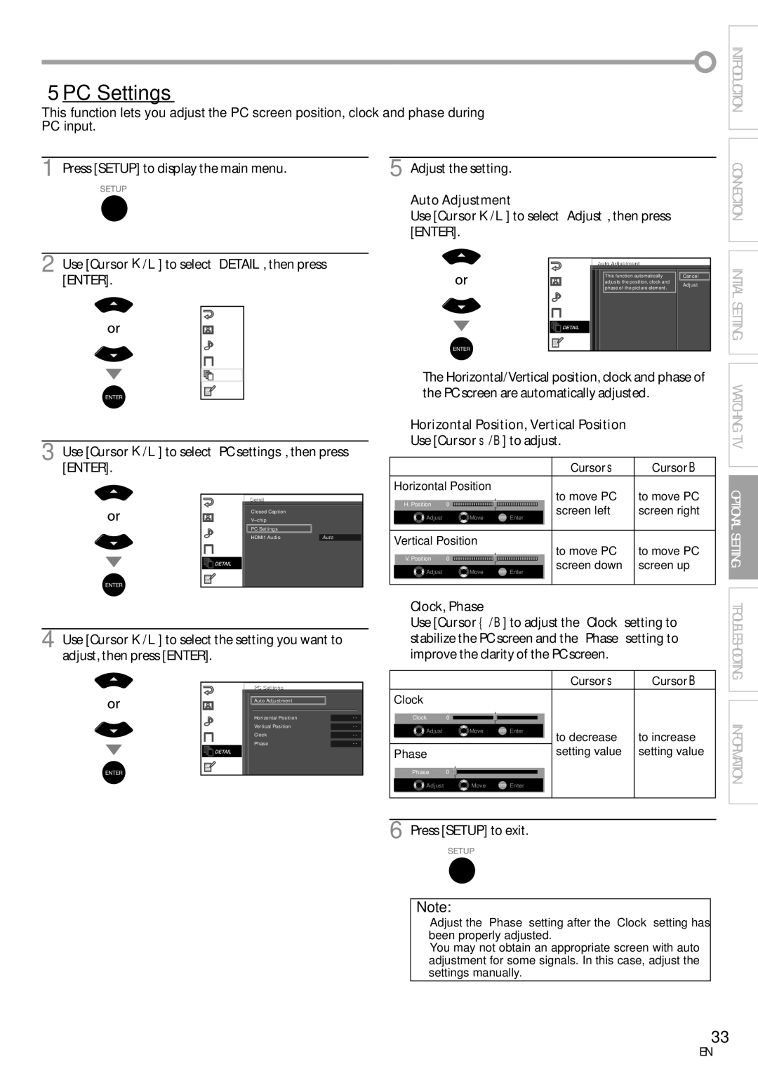 Sylvania LC260SS8 PC Settings, Use Cursor K/L to select PC settings, then press, Horizontal Position, Vertical Position 