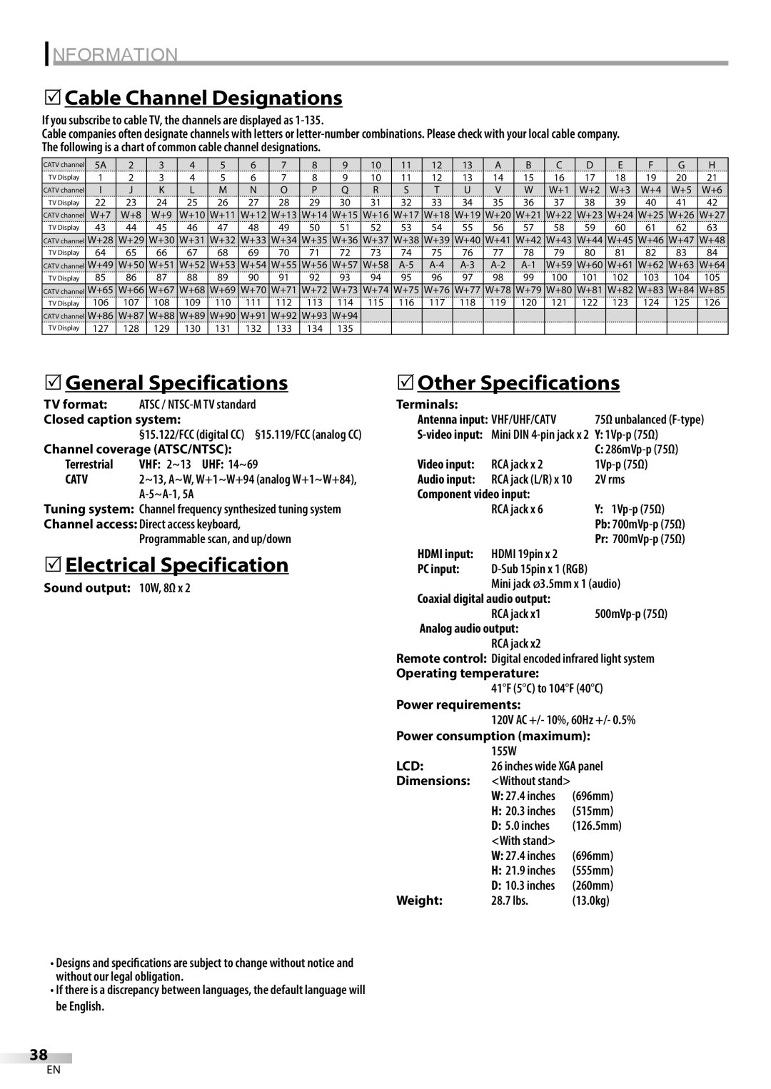 Sylvania LC260SS8 Cable Channel Designations, General Specifications, Electrical Specification, Other Specifications 