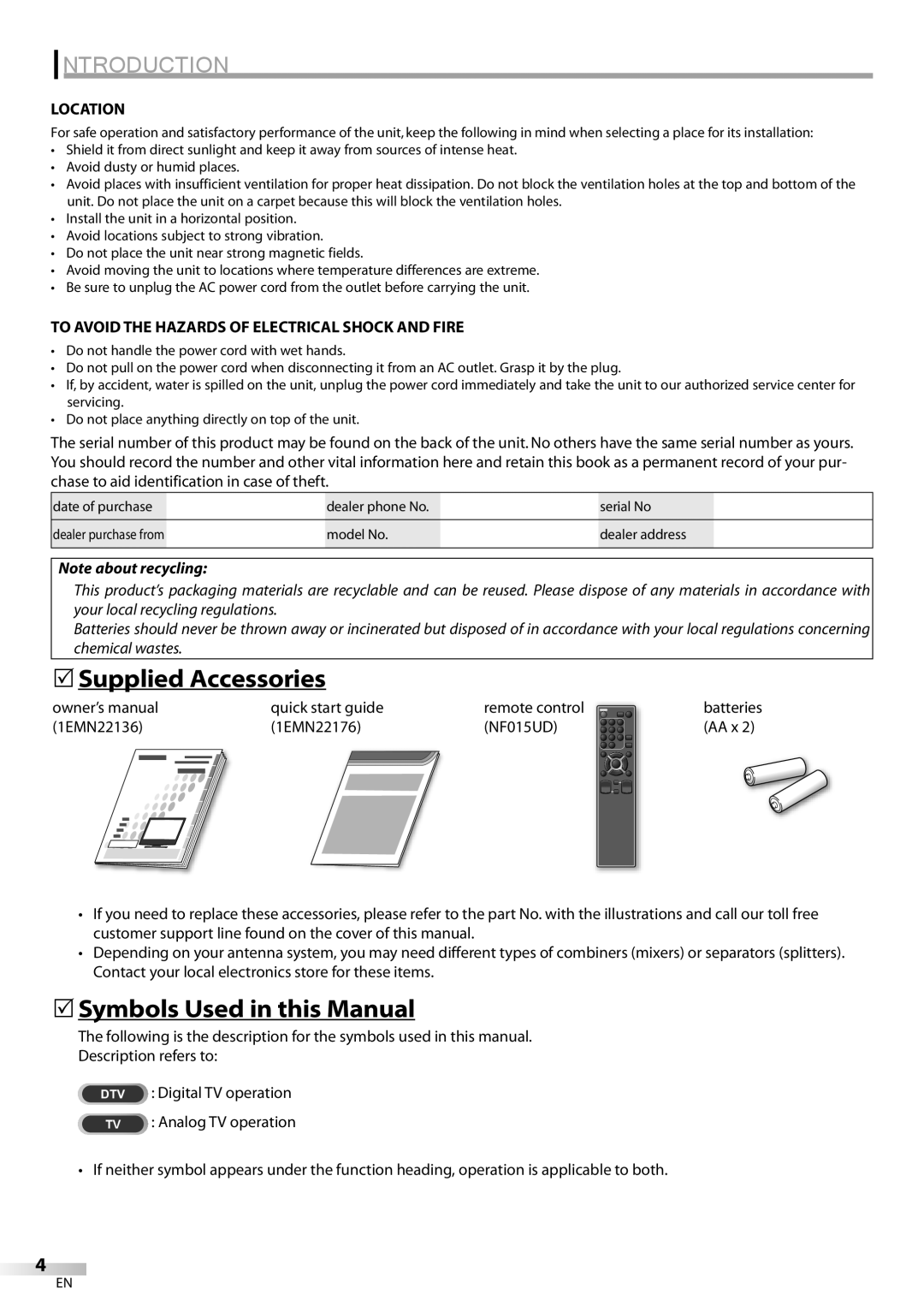 Sylvania LC260SS8 Supplied Accessories, Symbols Used in this Manual, Location, Quick start guide Remote control 