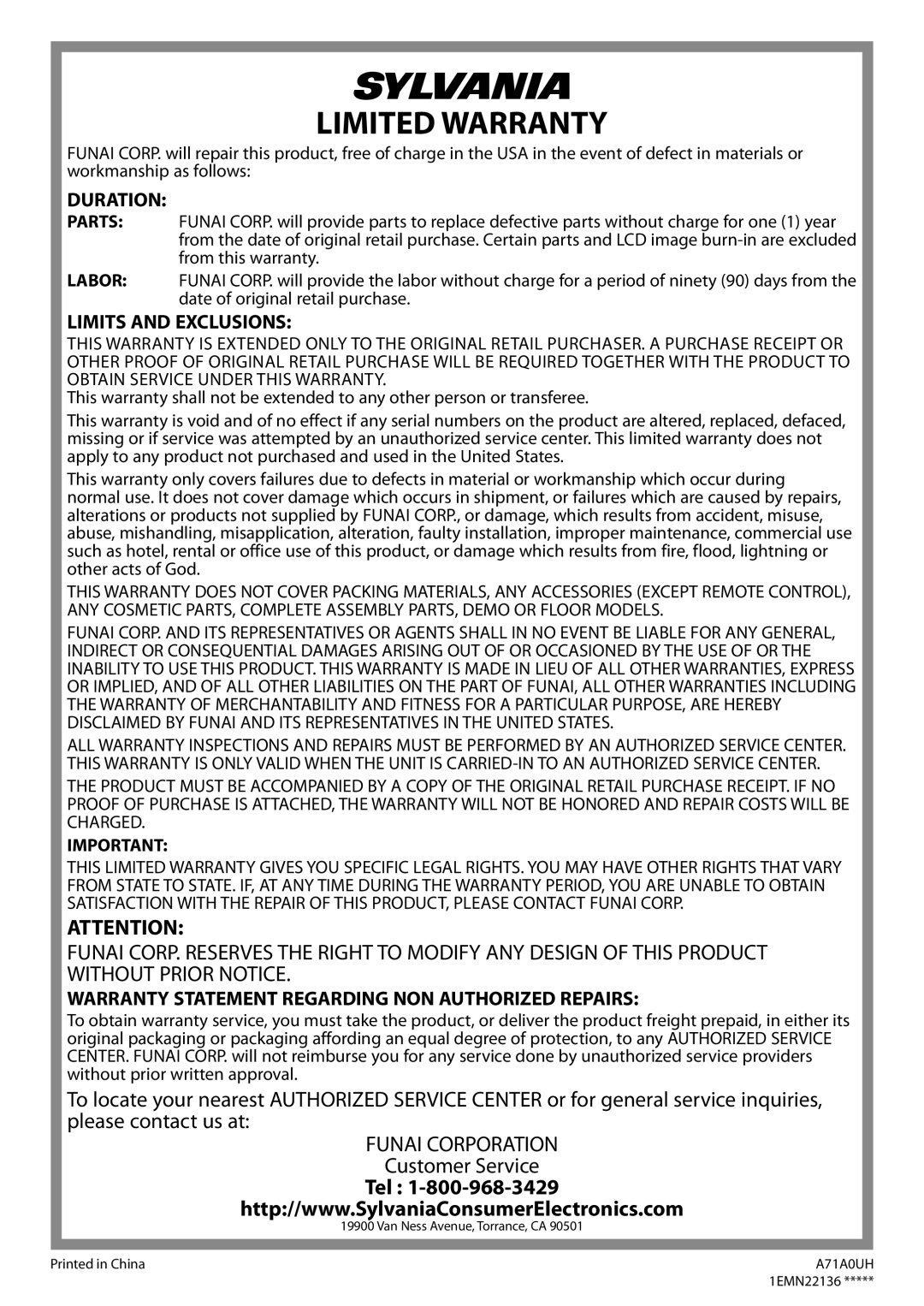 Sylvania LC260SS8 owner manual Limited Warranty 