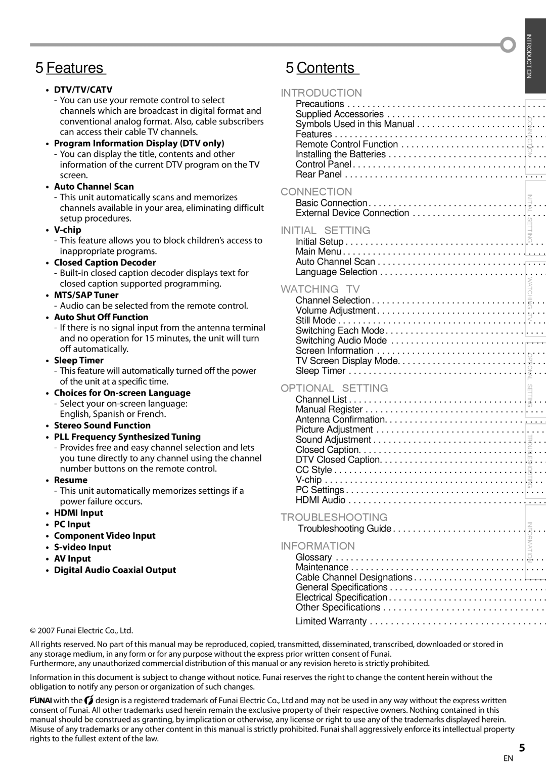 Sylvania LC260SS8 owner manual Features, Contents, Dtv/Tv/Catv 