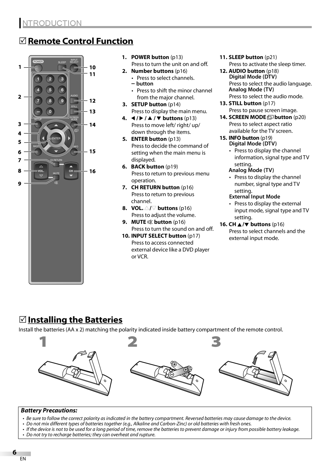 Sylvania LC260SS8 owner manual Remote Control Function, Installing the Batteries 