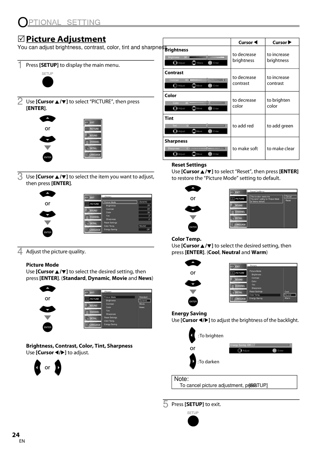 Sylvania LC260SS8 owner manual Picture Adjustment, Reset Settings, Brightness, Contrast, Color, Tint, Sharpness 