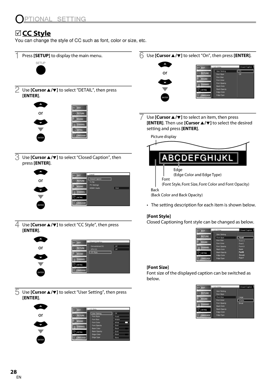 Sylvania LC260SS8 owner manual CC Style, Font Style, Font Size 