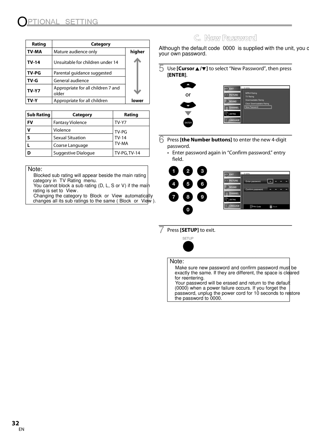 Sylvania LC260SS8 owner manual Use Cursor K/L to select New Password, then press Enter, TV-14, Category Rating 