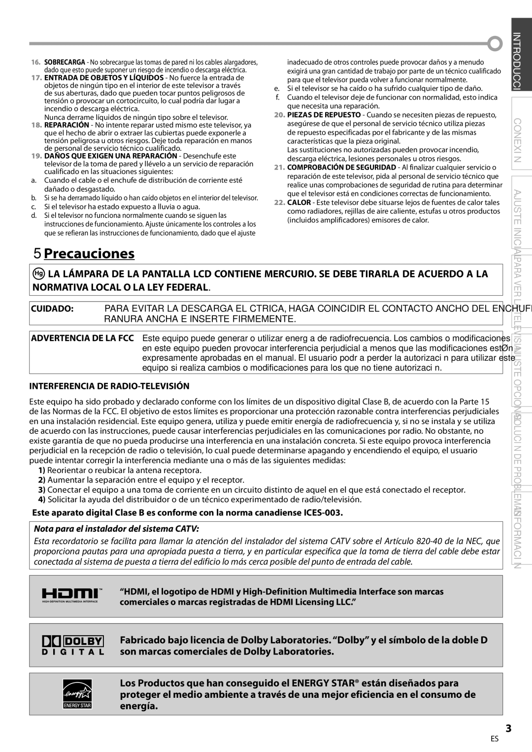 Sylvania LC260SS8 owner manual Precauciones, Interferencia DE RADIO-TELEVISIÓN 