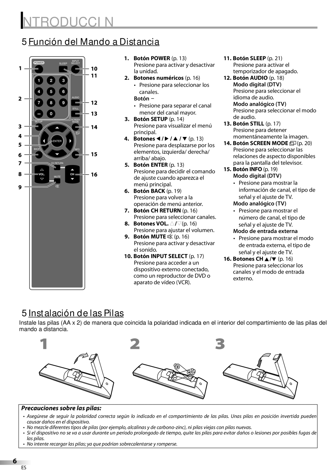 Sylvania LC260SS8 owner manual Función del Mando a Distancia, Instalación de las Pilas 