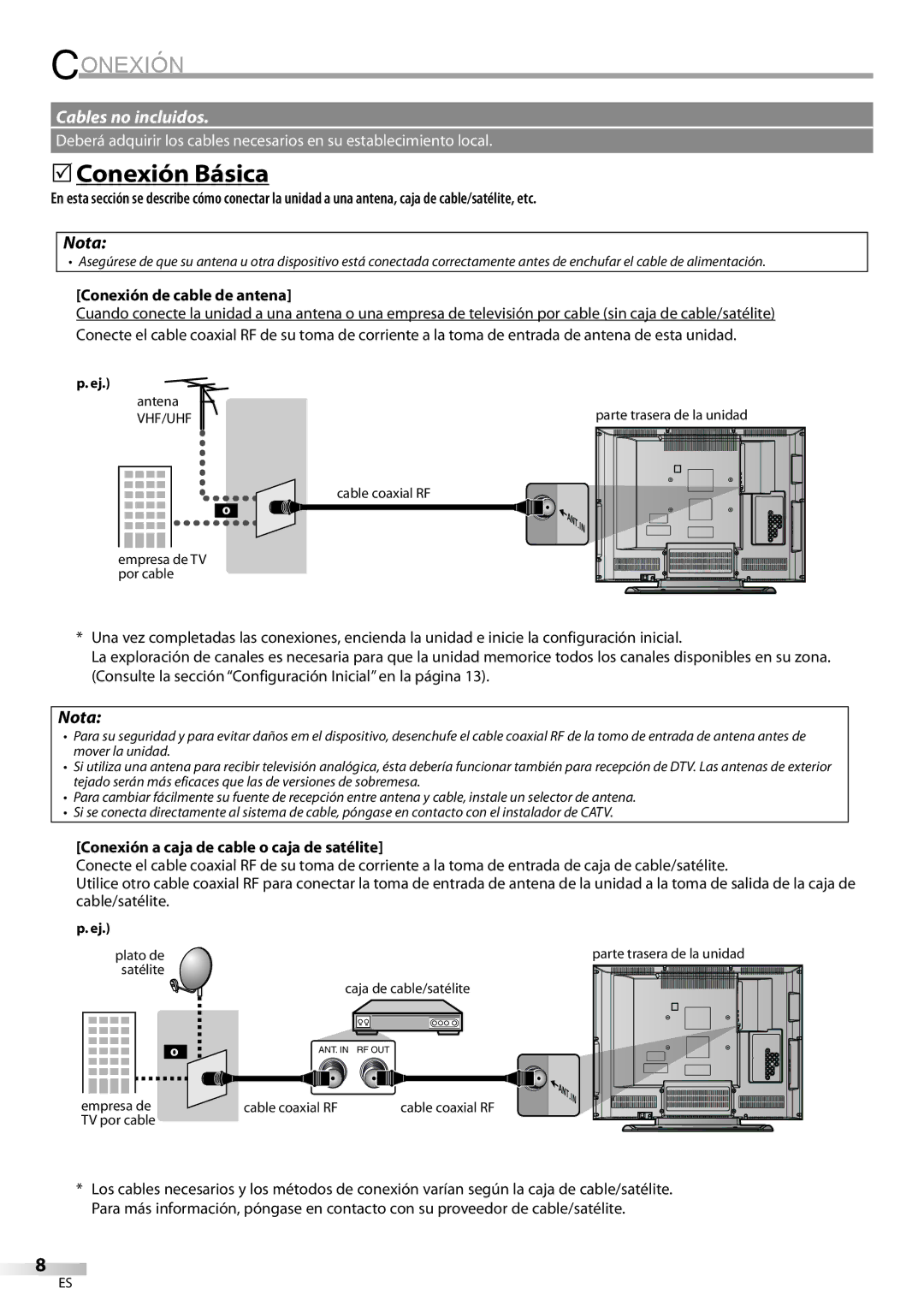 Sylvania LC260SS8 Conexión Básica, Conexión de cable de antena, Conexión a caja de cable o caja de satélite 