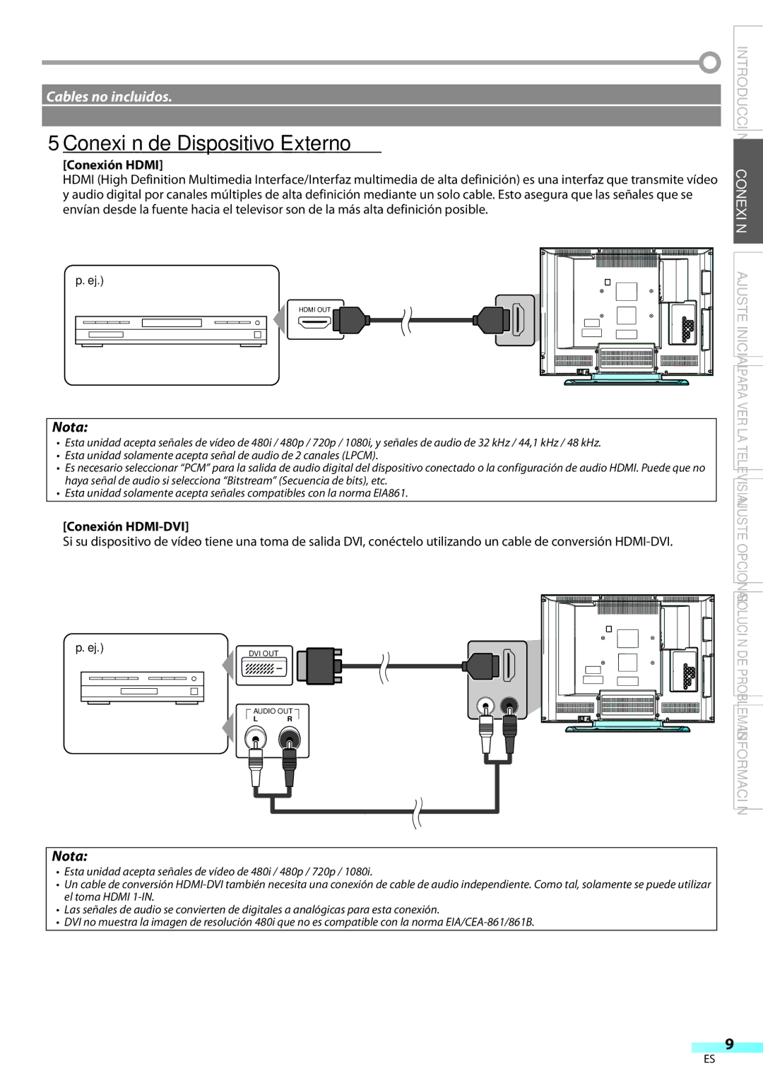 Sylvania LC260SS8 owner manual Conexión de Dispositivo Externo, Conexión Hdmi, Conexión HDMI-DVI 