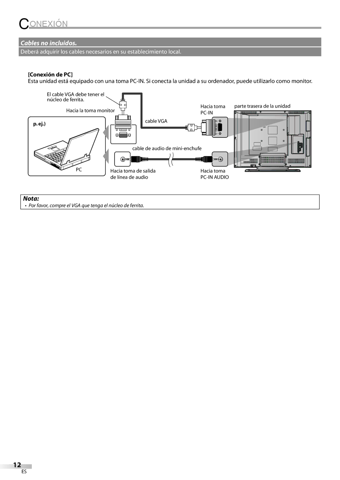 Sylvania LC260SS8 owner manual Conexión de PC, Pc-In 