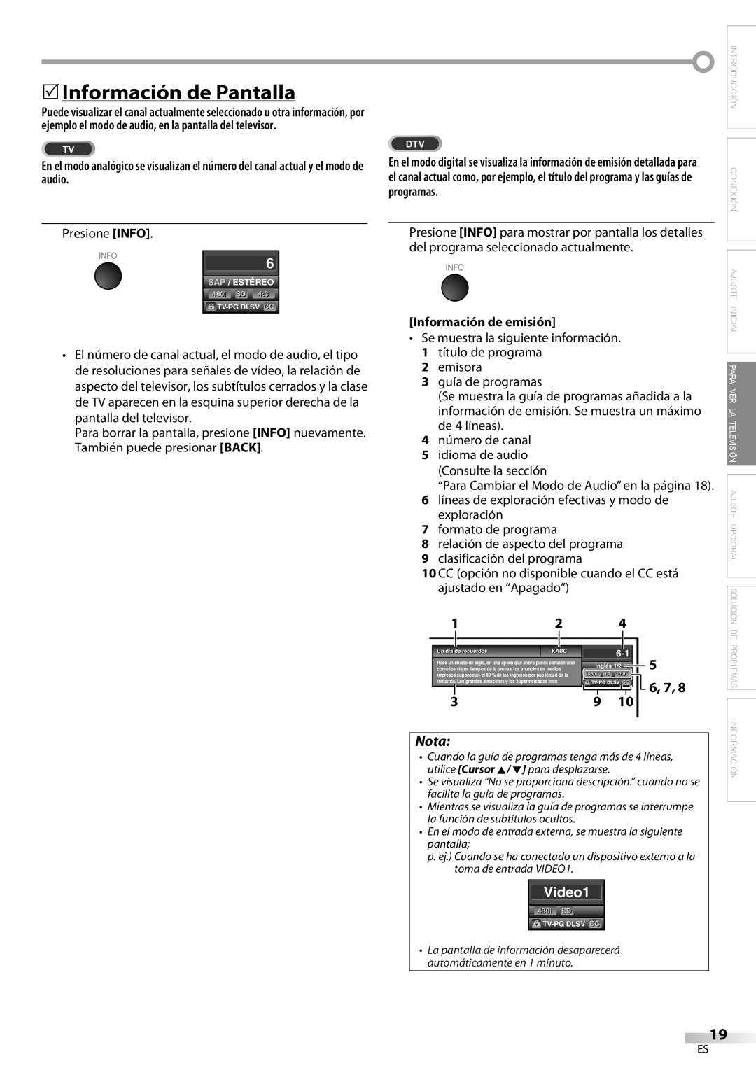 Sylvania LC260SS8 Información de Pantalla, Presione Info, Información de emisión, Un día ía de recuerdos, Inglés 1/2 