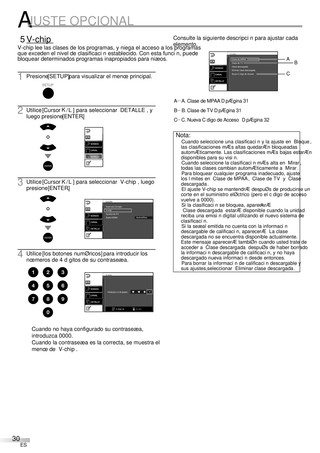 Sylvania LC260SS8 owner manual Clase de MPAADpágina, Clase de TVDpágina Nueva Código de Acceso Dpágina 