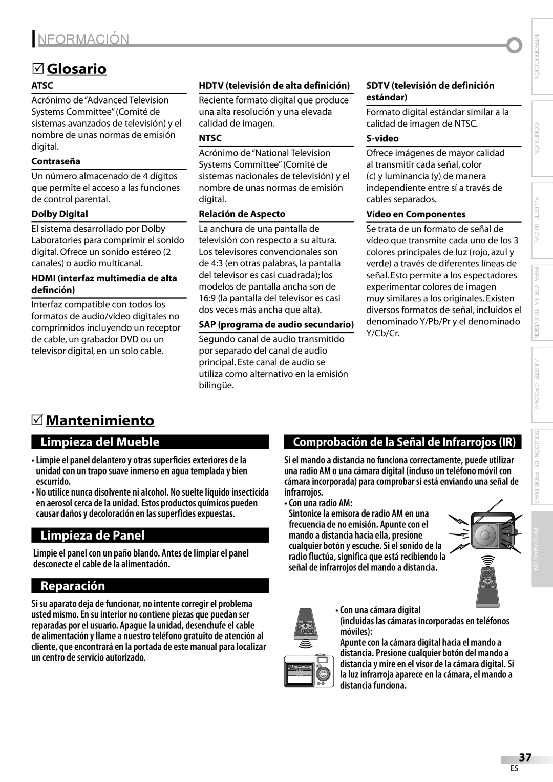 Sylvania LC260SS8 owner manual Información, Glosario, Mantenimiento 