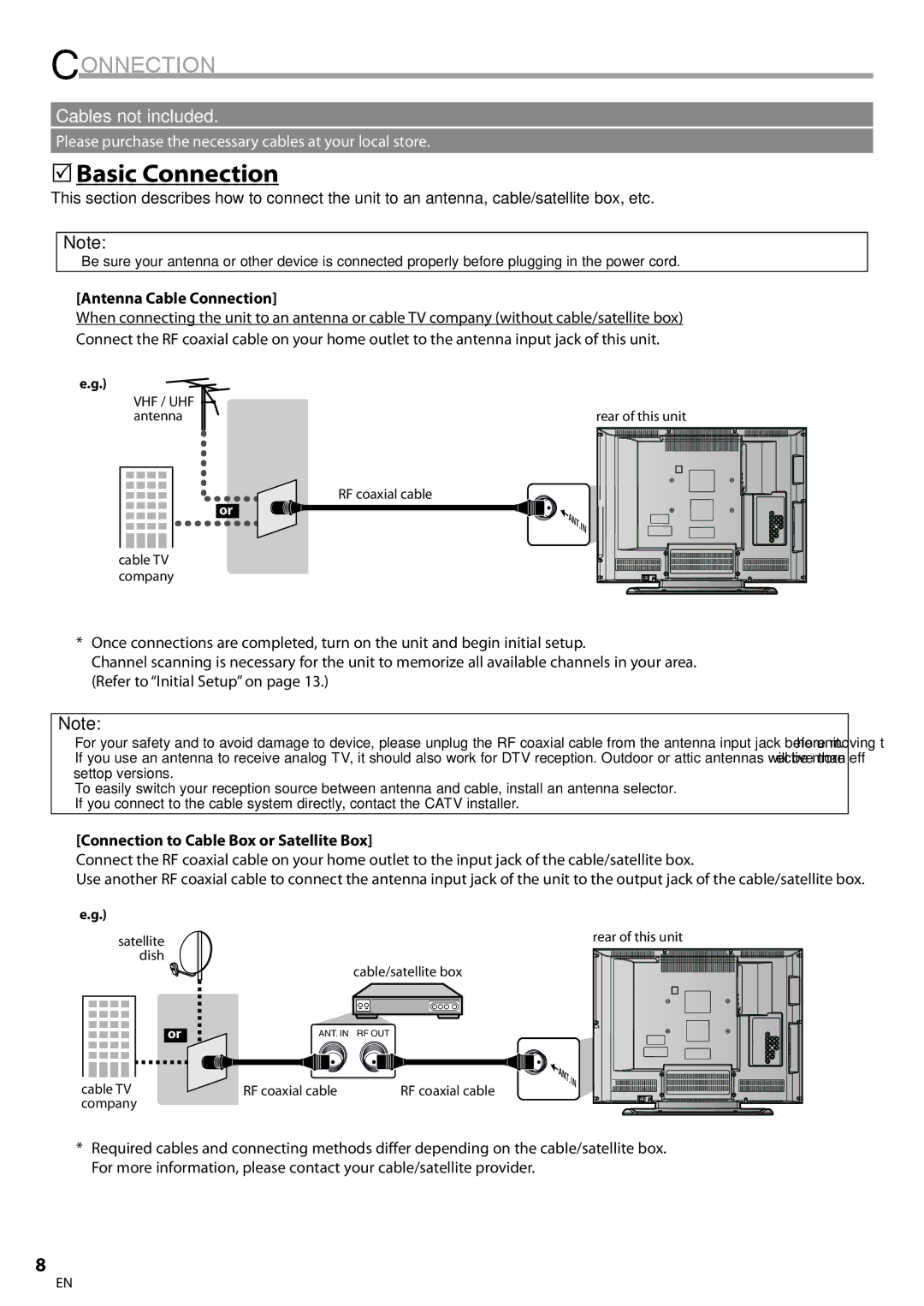 Sylvania LC260SS8 owner manual Basic Connection, Antenna Cable Connection, Connection to Cable Box or Satellite Box 