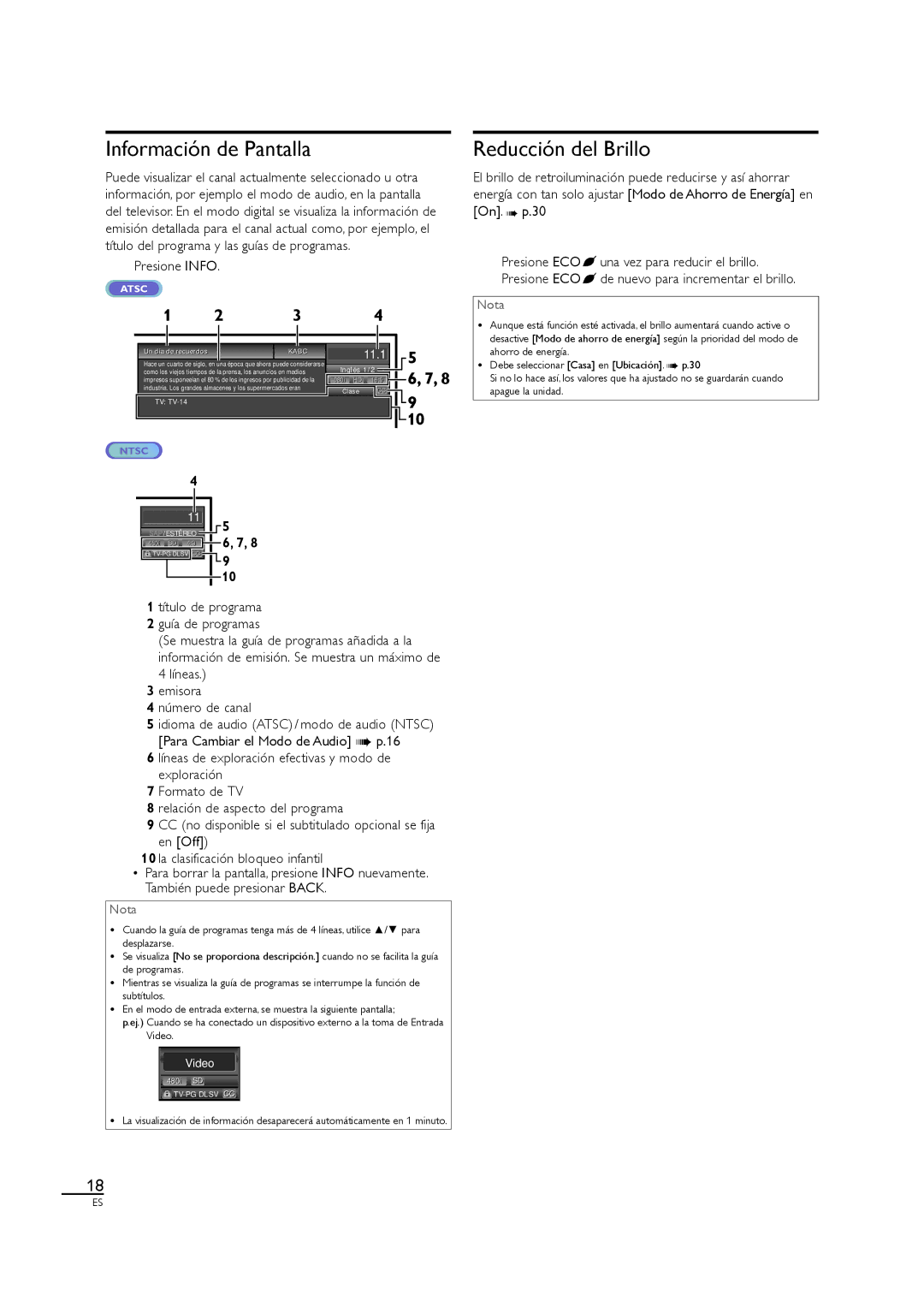 Sylvania LC320SL1 Información de Pantalla, Reducción del Brillo, Presione Info, Título de programa Guía de programas 