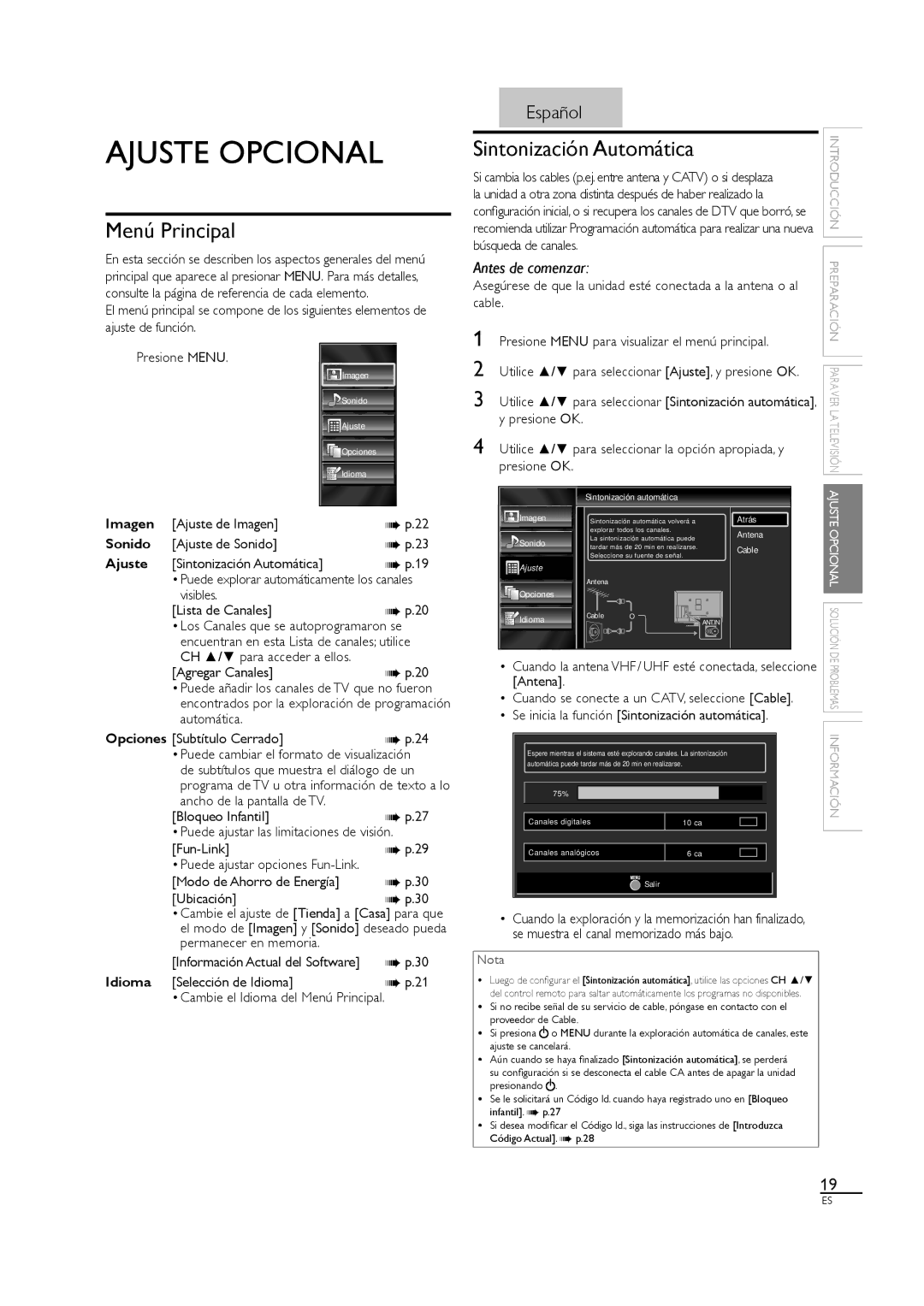 Sylvania LC320SL1 owner manual Ajuste Opcional, Menú Principal, Sintonización Automática 