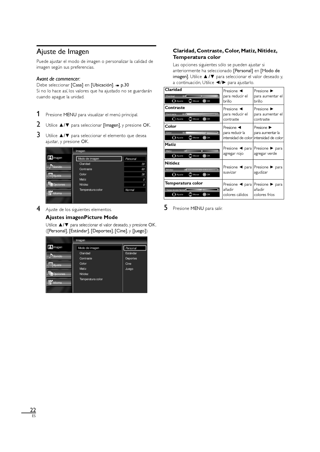 Sylvania LC320SL1 owner manual Ajuste de Imagen, Ajustes imagenPicture Mode, Ajuste de los siguientes elementos 