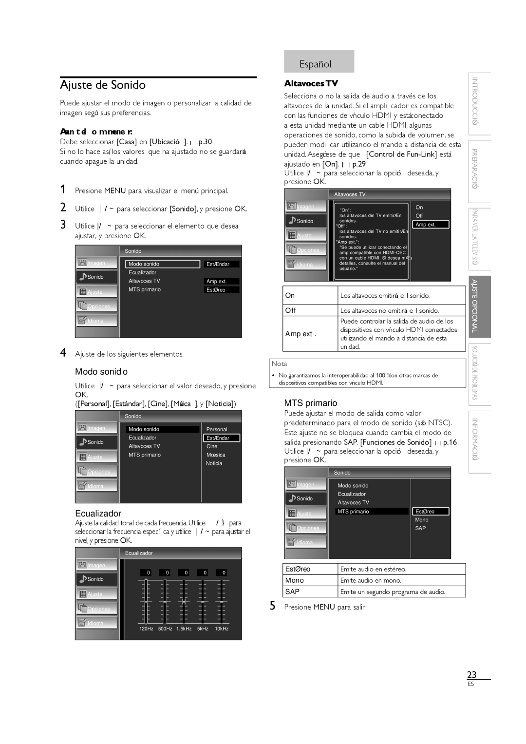 Sylvania LC320SL1 owner manual Ajuste de Sonido, Modo sonido, MTS primario, Ecualizador 